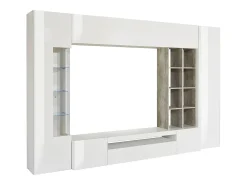 Hot Dmora Sistema de parede Dlazzar, móvel de sala de TV, móveis de sala multiuso com luz LED, 100% Fabricado na Itália, 290x40h192 cm, Branco brilhante e concreto Branco sujo