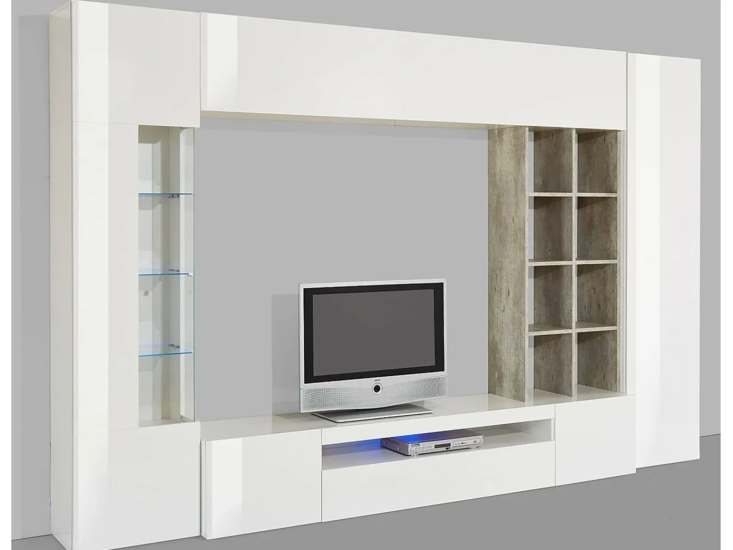 Hot Dmora Sistema de parede Dlazzar, móvel de sala de TV, móveis de sala multiuso com luz LED, 100% Fabricado na Itália, 290x40h192 cm, Branco brilhante e concreto Branco sujo