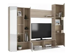 Dmora Sistema de parede Dmaj, Móvel de sala modular para TV, Composição de sala com móveis de parede e vitrines e luz LED, 260x42h185 cm, Carvalho e Branco^ Móvel De Tv