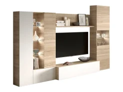 Dmora Sistema de parede Dmaj, Móvel de sala modular para TV, Composição de sala com móveis de parede e vitrines e luz LED, 260x42h185 cm, Carvalho e Branco^ Móvel De Tv