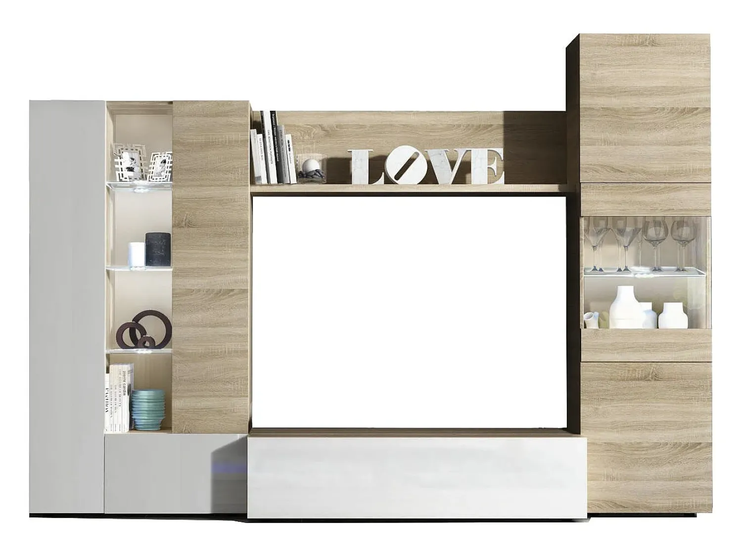 Dmora Sistema de parede Dmaj, Móvel de sala modular para TV, Composição de sala com móveis de parede e vitrines e luz LED, 260x42h185 cm, Carvalho e Branco^ Móvel De Tv