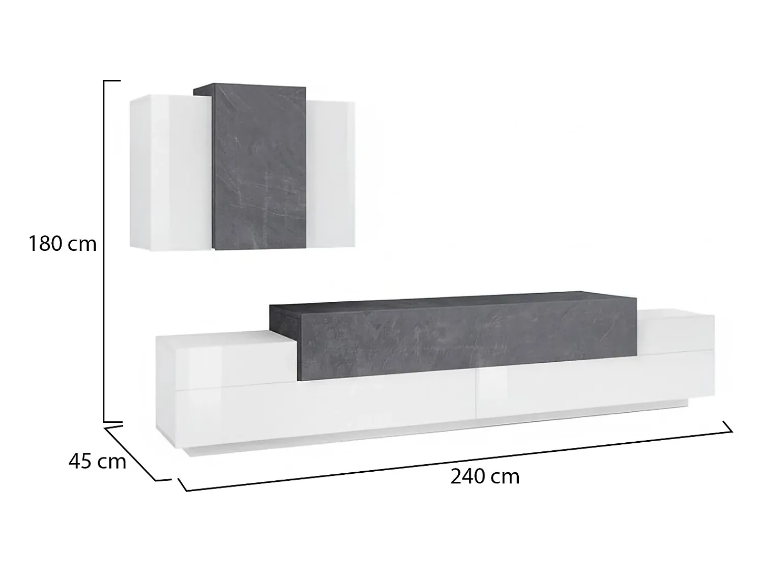 Dmora Sistema de parede Dmar, conjunto de sala de TV, móveis de sala multiuso, 100% fabricado na Itália, 240x45h180 cm, brilhante e ardósia Branco