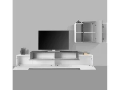 Dmora Sistema de parede Dmar, conjunto de sala de TV, móveis de sala multiuso, 100% fabricado na Itália, 240x45h180 cm, brilhante e ardósia Branco