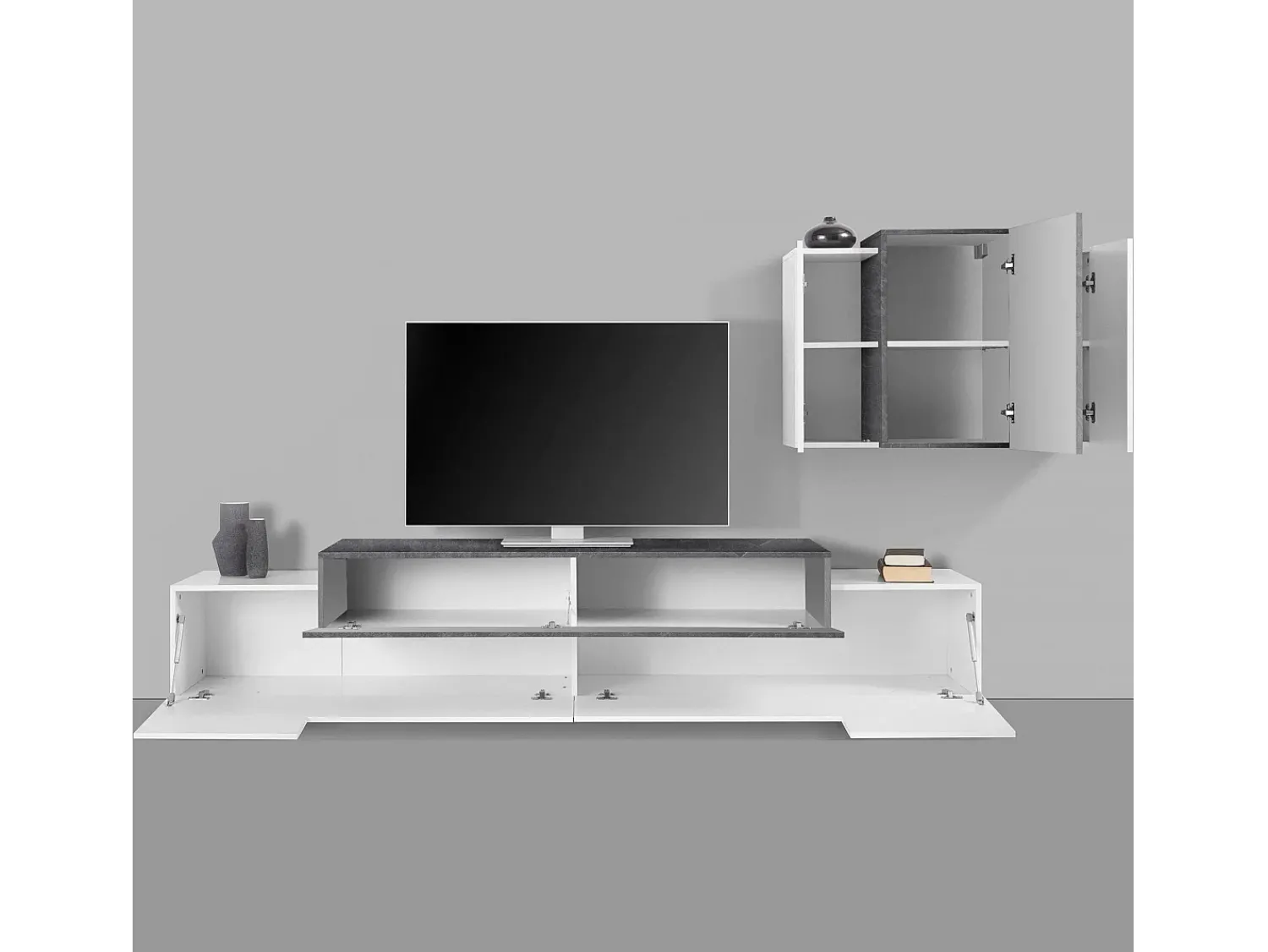 Dmora Sistema de parede Dmar, conjunto de sala de TV, móveis de sala multiuso, 100% fabricado na Itália, 240x45h180 cm, brilhante e ardósia Branco