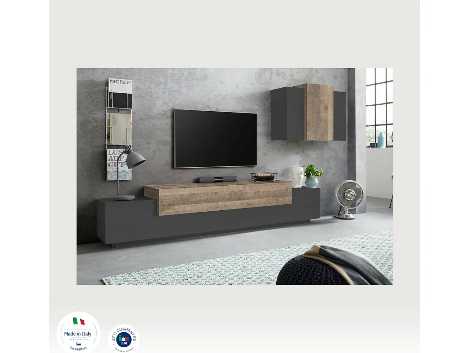 Móvel De Tv*Dmora Sistema de parede Dmar, móvel de sala de TV, móveis de sala multiuso, 100% Fabricado na Itália, 240x45h180 cm, Antracite e Bordo Preto