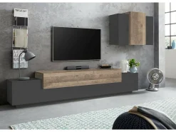 Móvel De Tv*Dmora Sistema de parede Dmar, móvel de sala de TV, móveis de sala multiuso, 100% Fabricado na Itália, 240x45h180 cm, Antracite e Bordo Preto