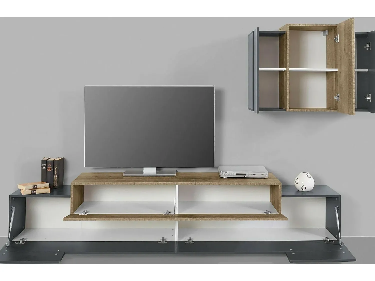 Móvel De Tv*Dmora Sistema de parede Dmar, móvel de sala de TV, móveis de sala multiuso, 100% Fabricado na Itália, 240x45h180 cm, Antracite e Bordo Preto