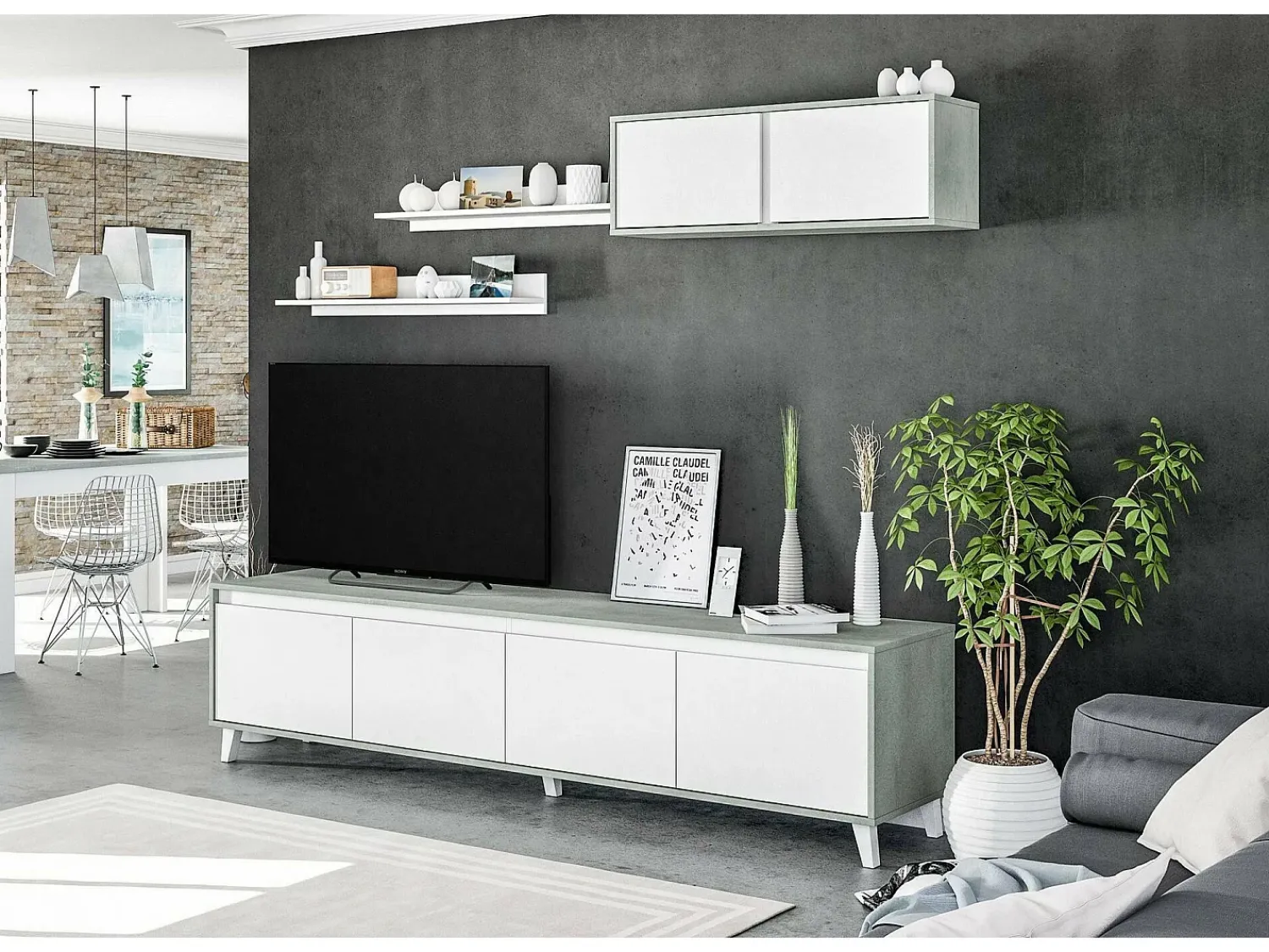 Móvel De Tv*Dmora Sistema de parede Dmuldu, Conjunto de sala, Móveis de sala multiuso, Sistema de parede moderno, 200x41h50 cm, Cimento e Branco Brilhante Cinzento