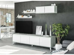 Móvel De Tv*Dmora Sistema de parede Dmuldu, Conjunto de sala, Móveis de sala multiuso, Sistema de parede moderno, 200x41h50 cm, Cimento e Branco Brilhante Cinzento
