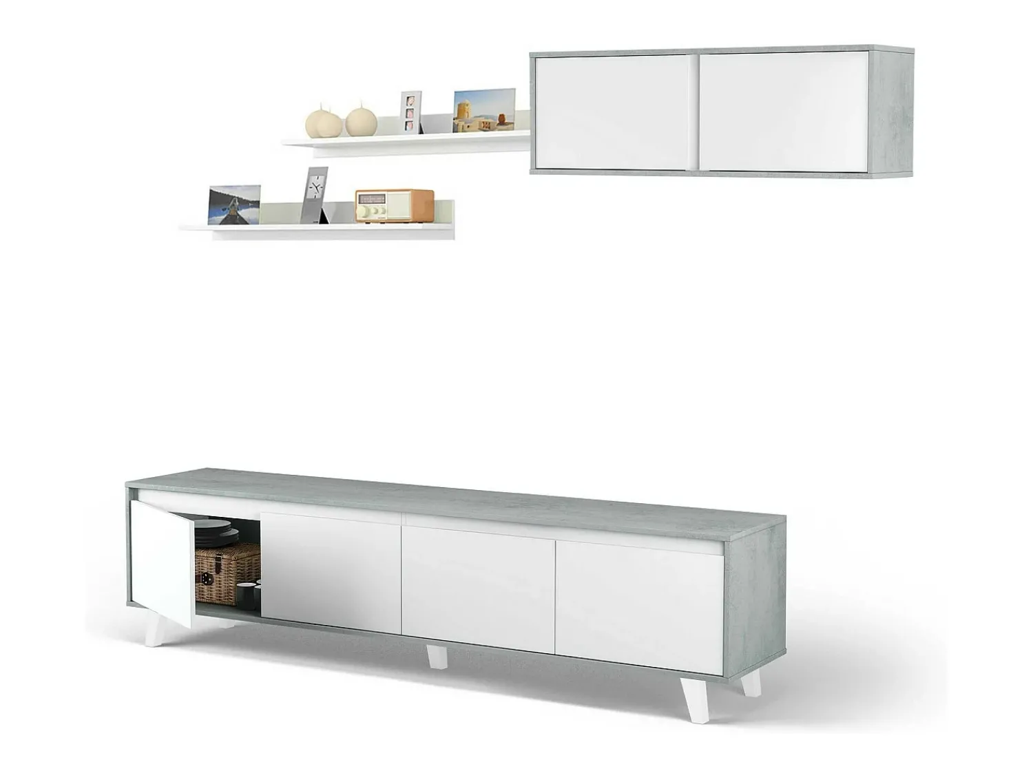 Móvel De Tv*Dmora Sistema de parede Dmuldu, Conjunto de sala, Móveis de sala multiuso, Sistema de parede moderno, 200x41h50 cm, Cimento e Branco Brilhante Cinzento