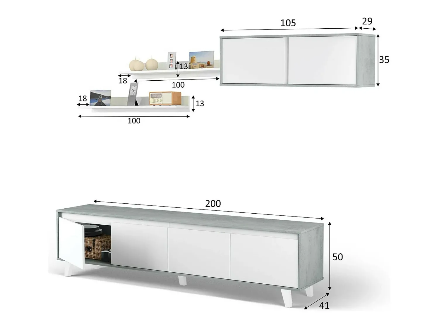 Móvel De Tv*Dmora Sistema de parede Dmuldu, Conjunto de sala, Móveis de sala multiuso, Sistema de parede moderno, 200x41h50 cm, Cimento e Branco Brilhante Cinzento
