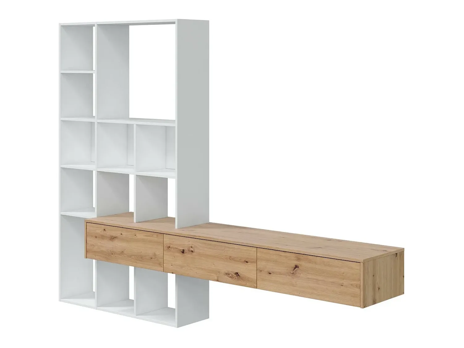 Móvel De Tv*Dmora Sistema de parede Dnovelli, Conjunto de sala com 3 gavetas, Estante multiuso para sala, 226x28h173 cm, e Carvalho Nó Branco