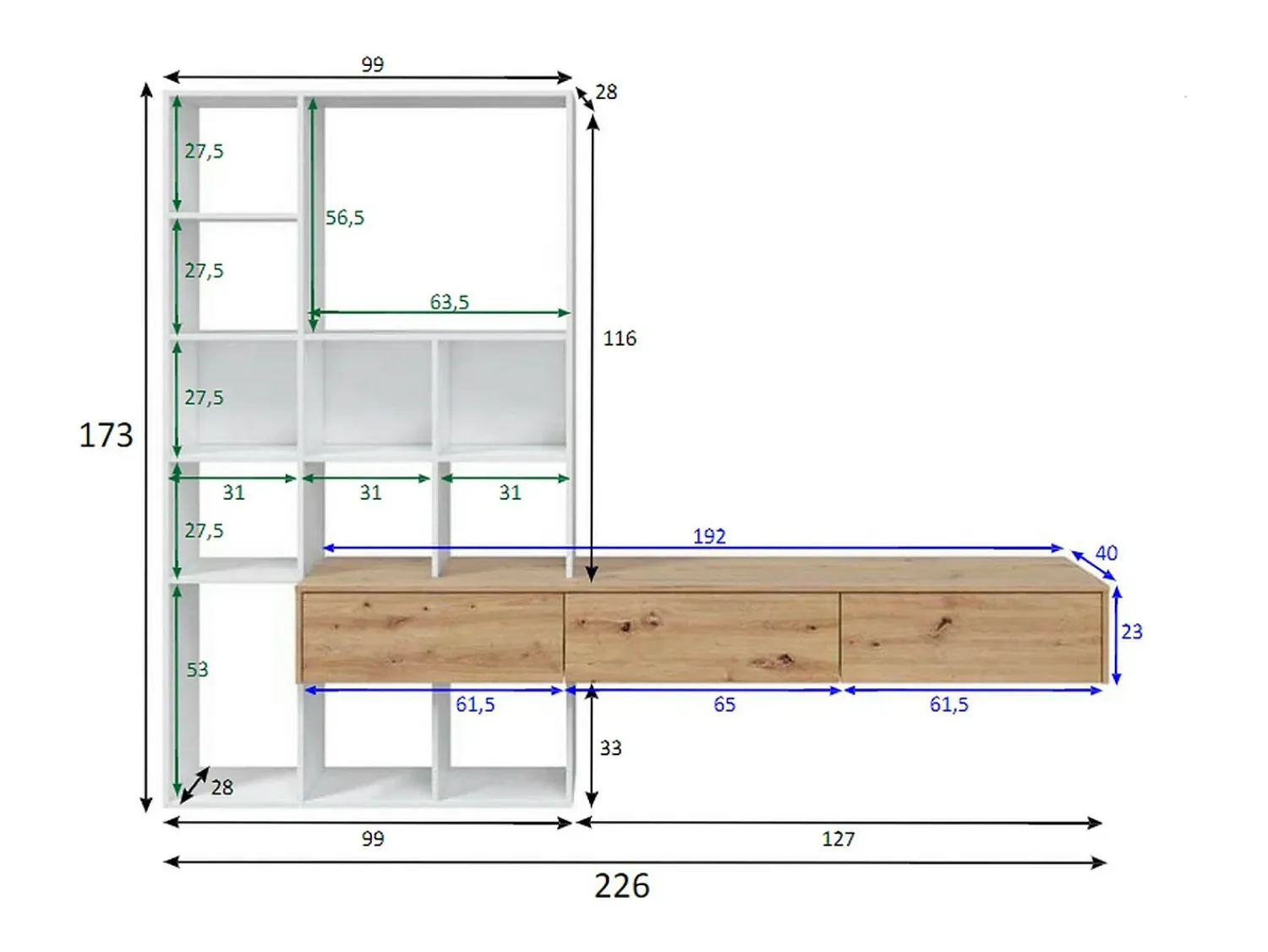 Móvel De Tv*Dmora Sistema de parede Dnovelli, Conjunto de sala com 3 gavetas, Estante multiuso para sala, 226x28h173 cm, e Carvalho Nó Branco