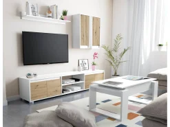 Móvel De Tv|Dmora Sistema de parede Dnuh, Conjunto de sala, Móveis de sala multiuso, Composição para sala moderna, 200x40h114 cm, e Carvalho Branco