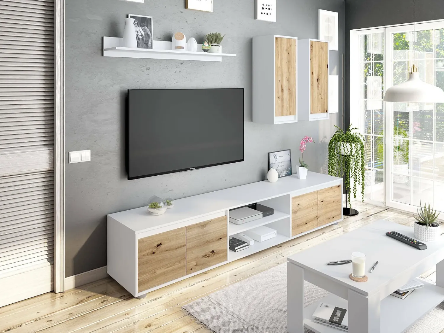 Móvel De Tv|Dmora Sistema de parede Dnuh, Conjunto de sala, Móveis de sala multiuso, Composição para sala moderna, 200x40h114 cm, e Carvalho Branco