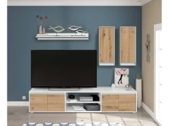 Móvel De Tv|Dmora Sistema de parede Dnuh, Conjunto de sala, Móveis de sala multiuso, Composição para sala moderna, 200x40h114 cm, e Carvalho Branco