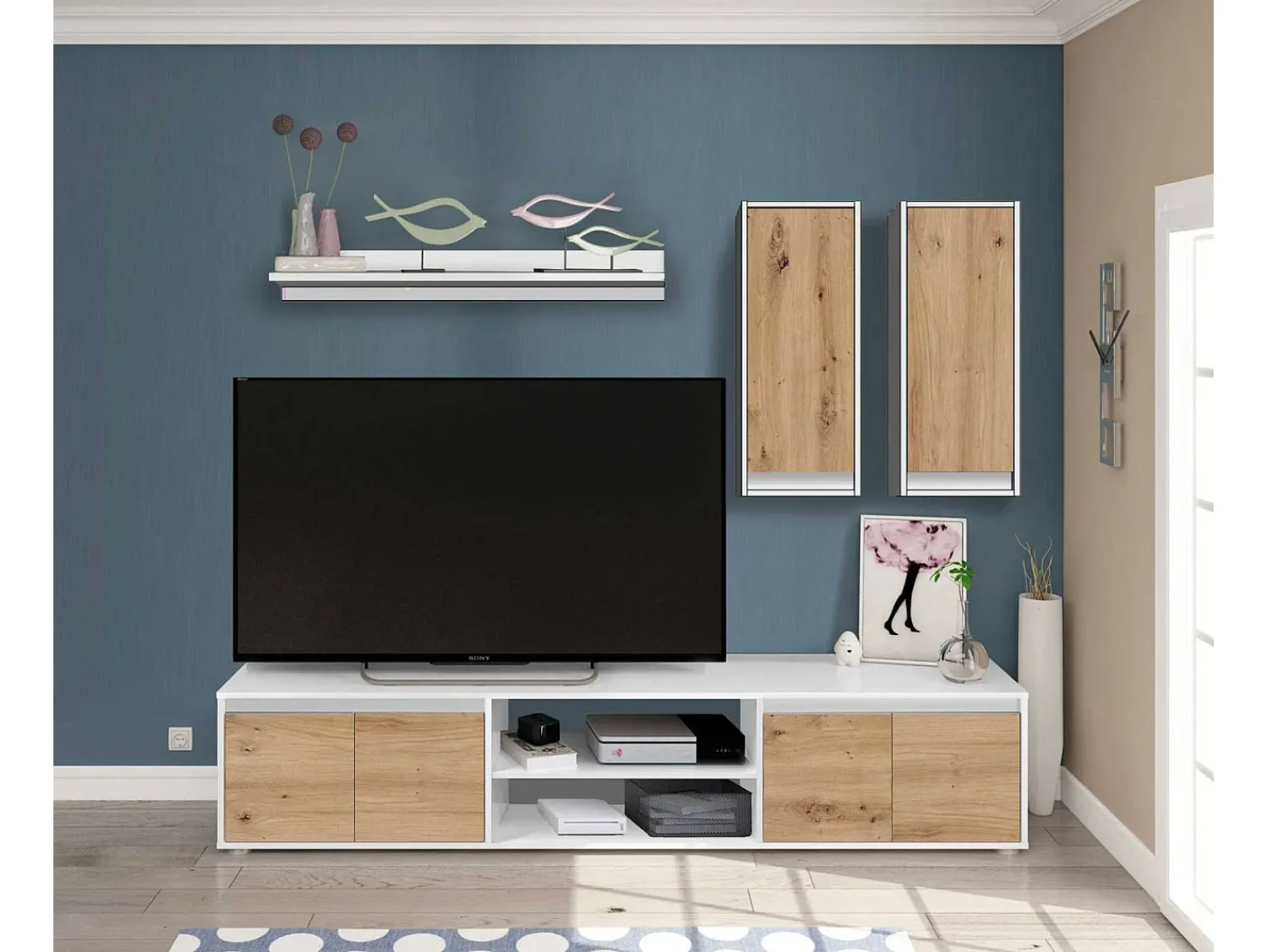 Móvel De Tv|Dmora Sistema de parede Dnuh, Conjunto de sala, Móveis de sala multiuso, Composição para sala moderna, 200x40h114 cm, e Carvalho Branco