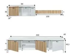 New Dmora Sistema de parede Dzironell, Composição da sala, Mobiliário multiusos para sala, Móvel TV, 200x40 h47 cm, e Carvalho Branco