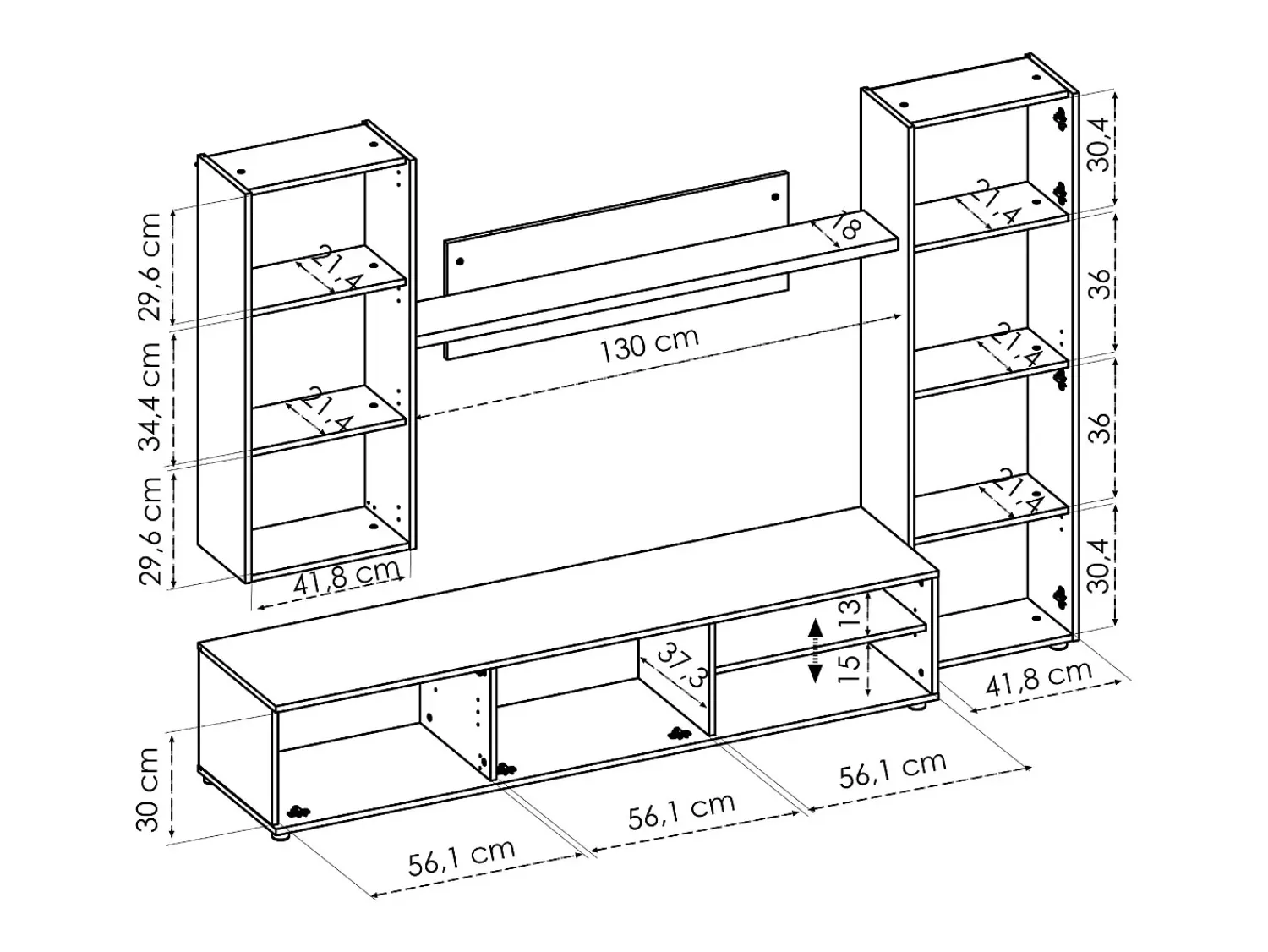 Outlet Dmora Sistema de parede Dzuell, móvel de sala de TV, móveis de sala multiuso, 220x41h180 cm, carvalho atado e branco Castanho
