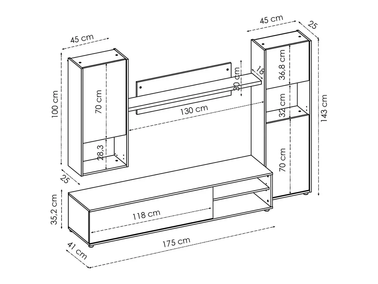 Outlet Dmora Sistema de parede Dzuell, móvel de sala de TV, móveis de sala multiuso, 220x41h180 cm, carvalho atado e branco Castanho