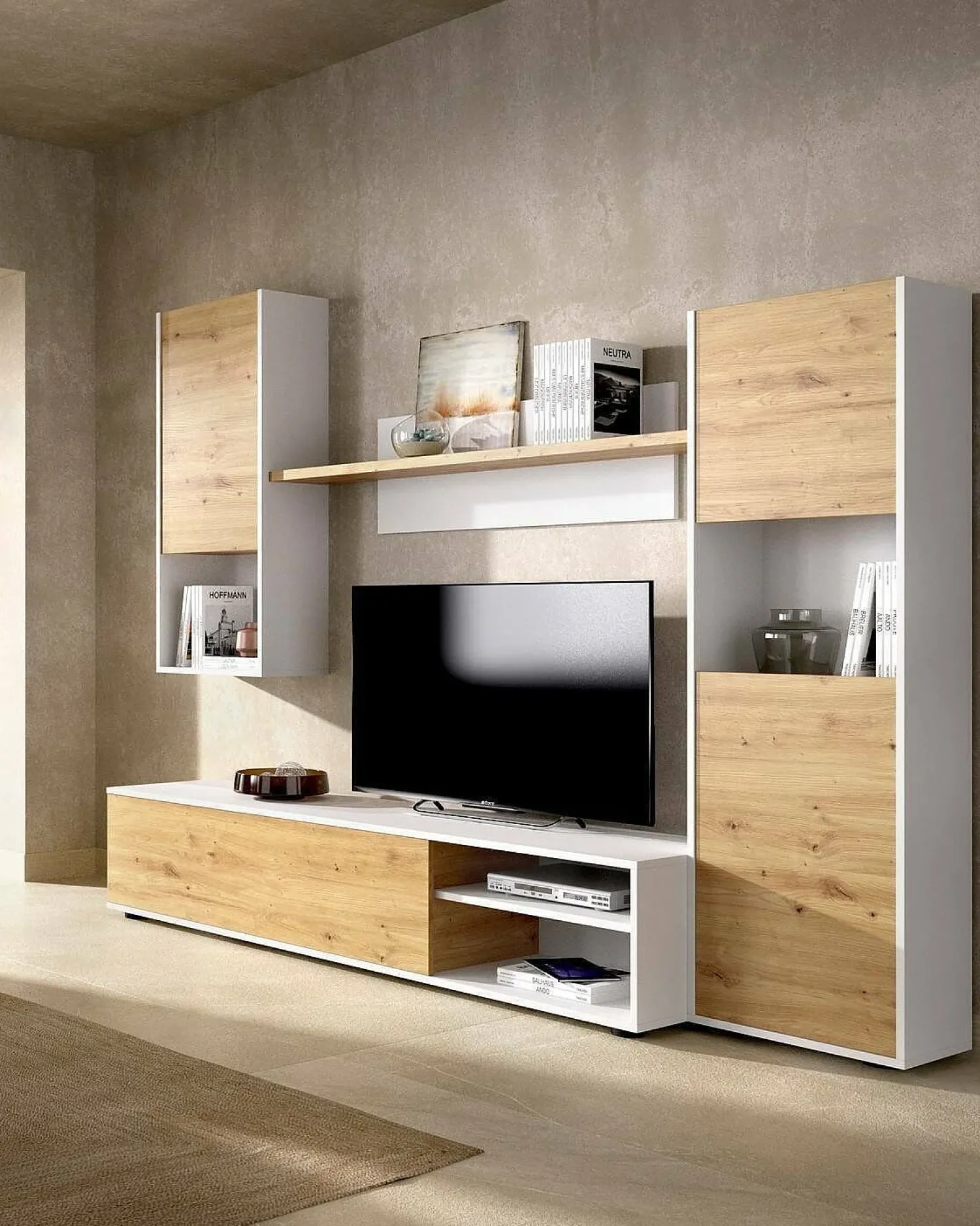 Outlet Dmora Sistema de parede Dzuell, móvel de sala de TV, móveis de sala multiuso, 220x41h180 cm, carvalho atado e branco Castanho