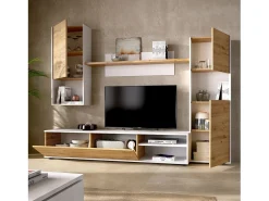 Móvel De Tv*Dmora Sistema de parede Foraker, conjunto de sala de TV, móveis de sala multiuso, 220x41h180 cm, carvalho atado e branco Castanho