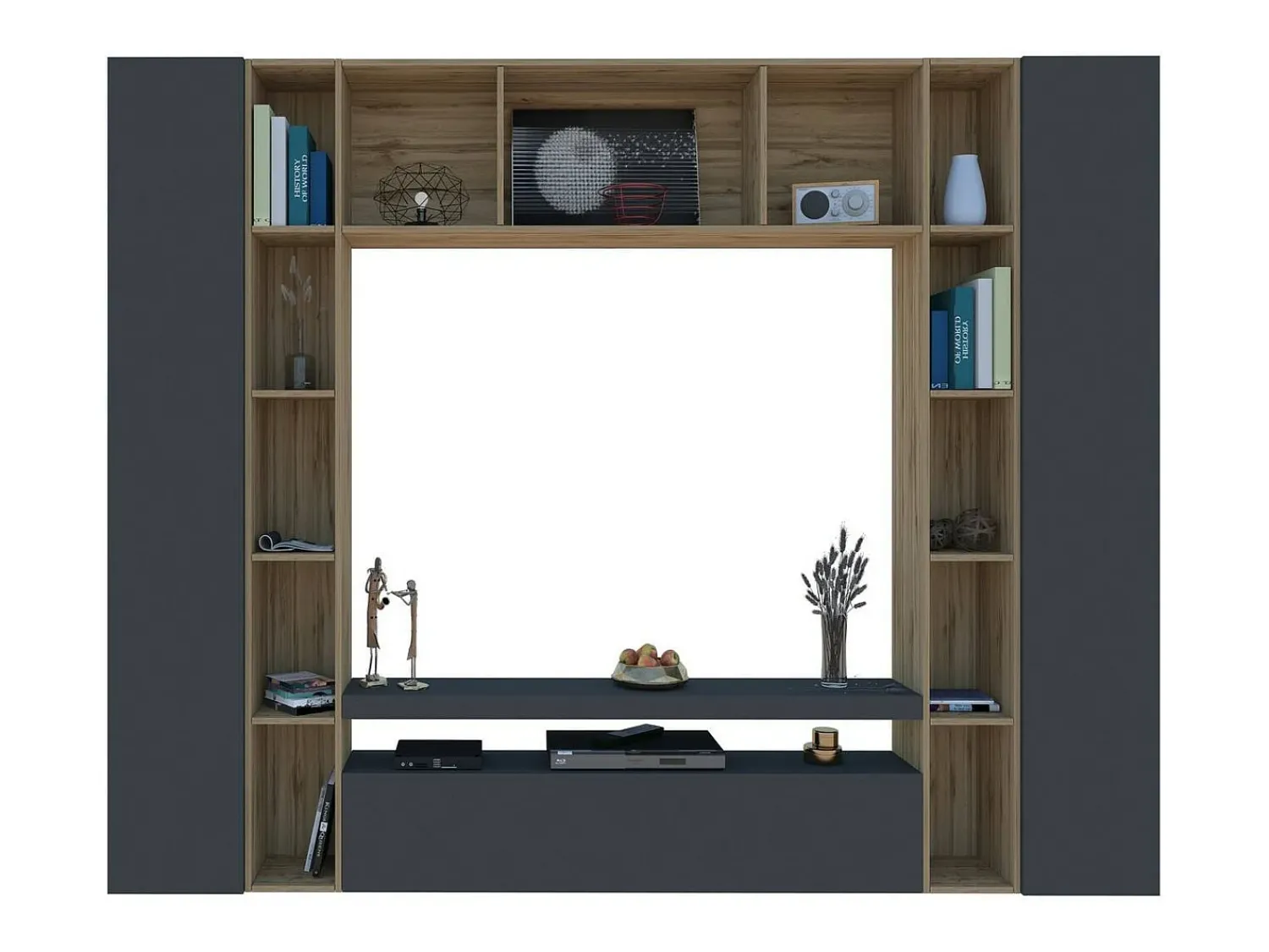 Dmora Sistema de parede Gilberto, conjunto de sala de TV com 3 portas, móveis de sala multiuso, 100% Fabricado na Itália, 270x35h210 cm, Antracite e Carvalho^ Móvel De Tv