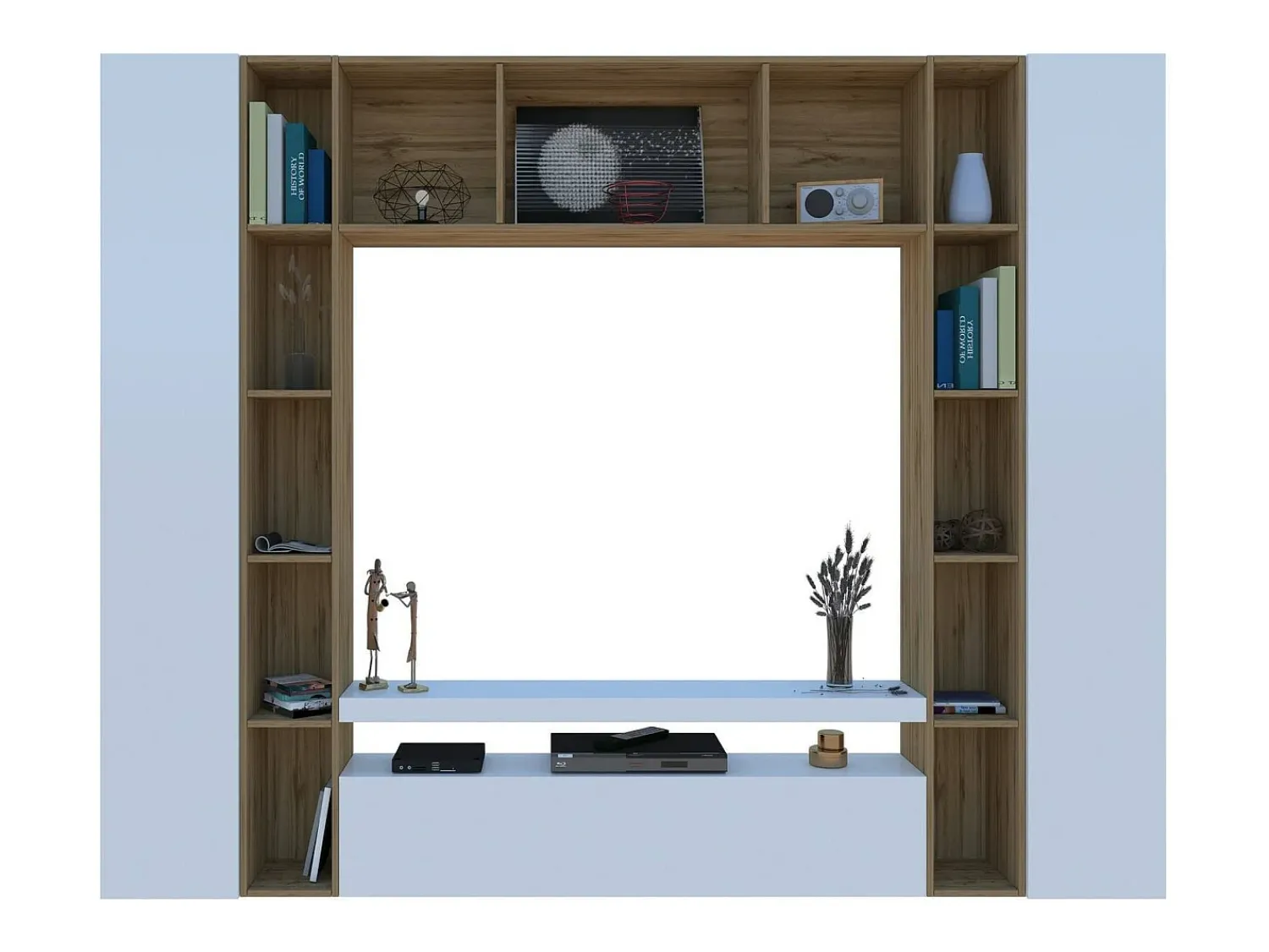 Sale Dmora Sistema de parede Gilberto, conjunto de sala de TV com 3 portas, móveis de sala multiuso, 100% Made in Italy, 270x35h210 cm, brilhante e carvalho Branco