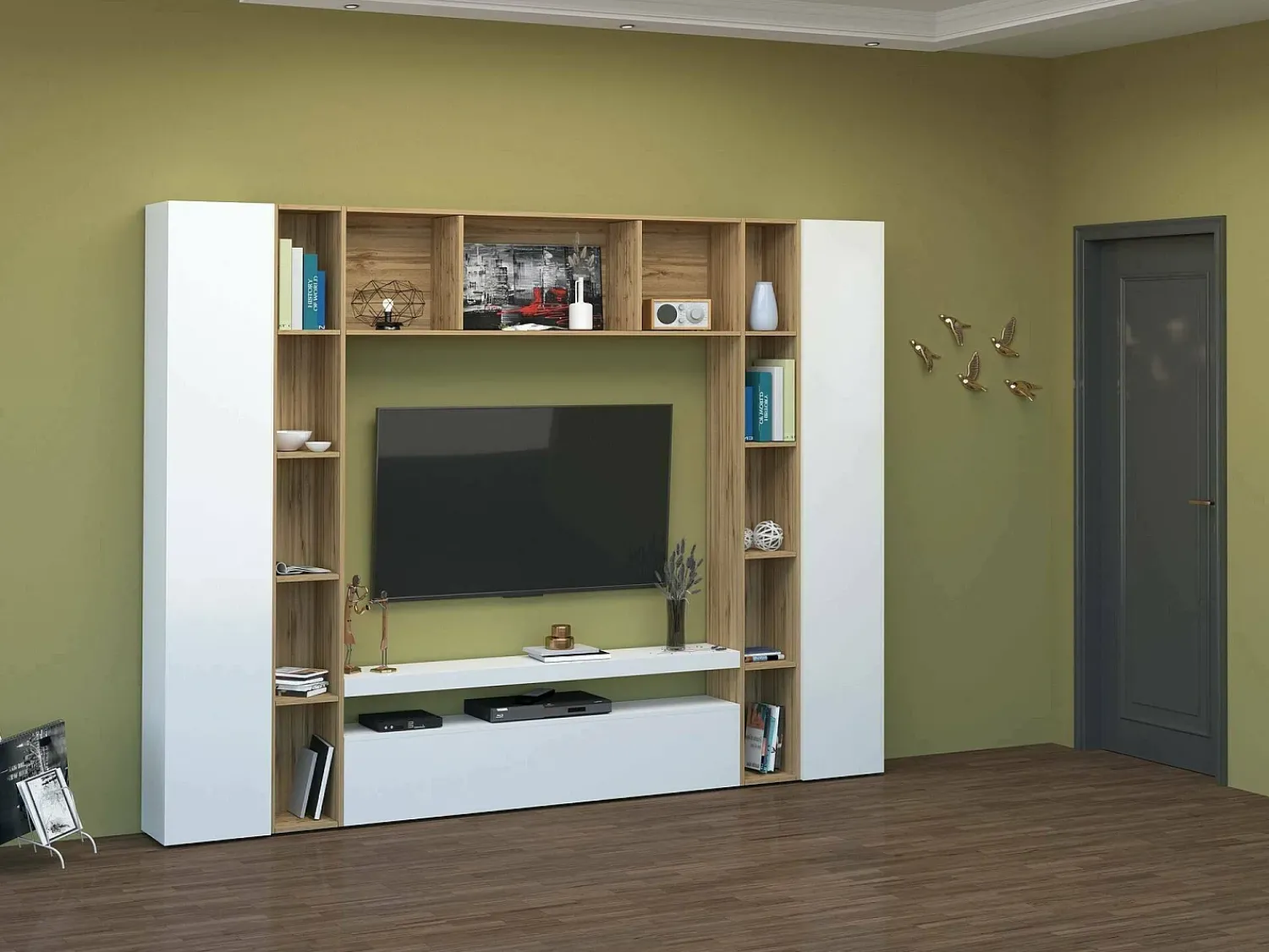 Sale Dmora Sistema de parede Gilberto, conjunto de sala de TV com 3 portas, móveis de sala multiuso, 100% Made in Italy, 270x35h210 cm, brilhante e carvalho Branco