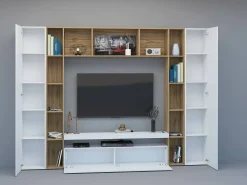 Sale Dmora Sistema de parede Gilberto, conjunto de sala de TV com 3 portas, móveis de sala multiuso, 100% Made in Italy, 270x35h210 cm, brilhante e carvalho Branco