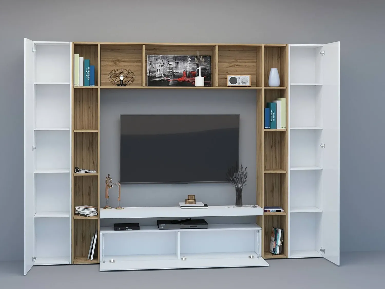 Sale Dmora Sistema de parede Gilberto, conjunto de sala de TV com 3 portas, móveis de sala multiuso, 100% Made in Italy, 270x35h210 cm, brilhante e carvalho Branco