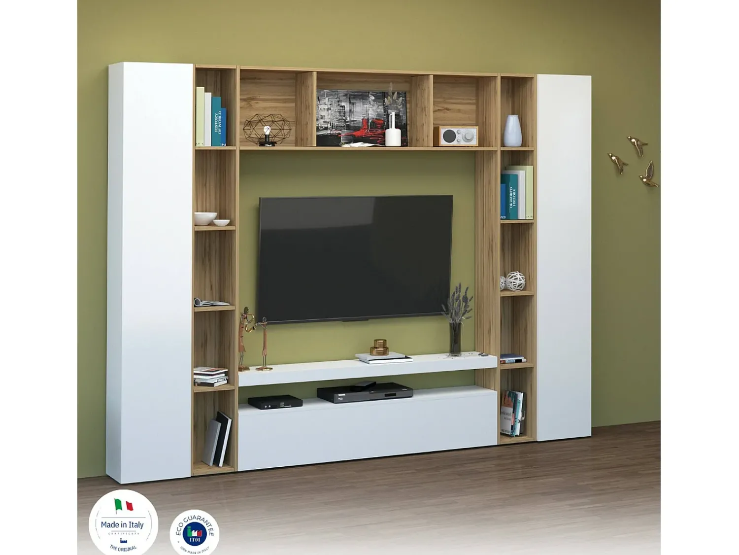 Sale Dmora Sistema de parede Gilberto, conjunto de sala de TV com 3 portas, móveis de sala multiuso, 100% Made in Italy, 270x35h210 cm, brilhante e carvalho Branco