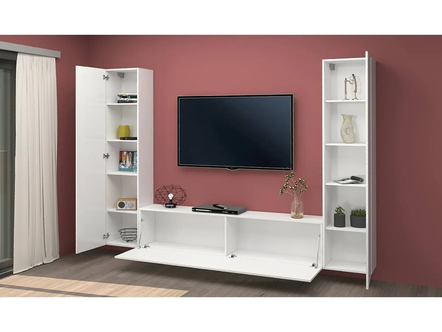Online Dmora Sistema de parede Giordano, conjunto de sala de TV com 3 portas, móveis de sala multiuso, 100% Fabricado na Itália, 260x30h180 cm, brilhante Branco