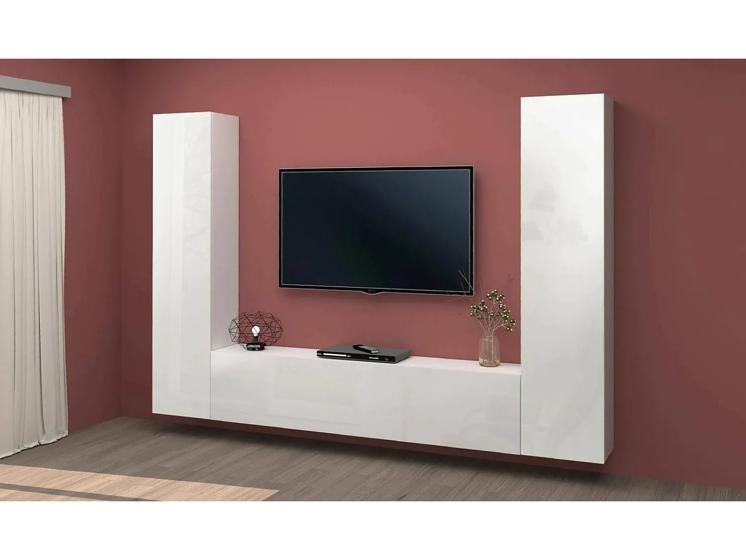 Online Dmora Sistema de parede Giordano, conjunto de sala de TV com 3 portas, móveis de sala multiuso, 100% Fabricado na Itália, 260x30h180 cm, brilhante Branco