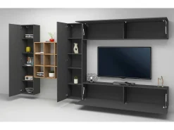 Online Dmora Sistema de parede Gualtiero, conjunto de sala de TV com 4 portas, móveis de sala multiuso, 100% Fabricado na Itália, 350x30h180 cm, Antracite Preto