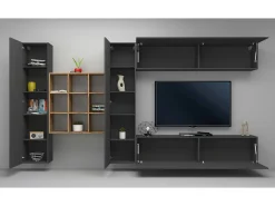 Online Dmora Sistema de parede Gualtiero, conjunto de sala de TV com 4 portas, móveis de sala multiuso, 100% Fabricado na Itália, 350x30h180 cm, Antracite Preto
