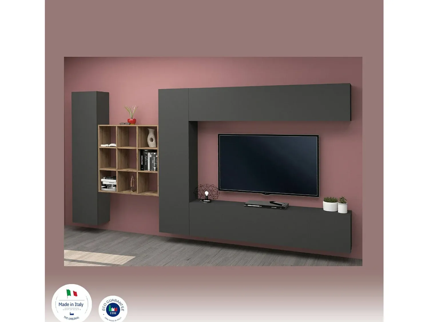Online Dmora Sistema de parede Gualtiero, conjunto de sala de TV com 4 portas, móveis de sala multiuso, 100% Fabricado na Itália, 350x30h180 cm, Antracite Preto