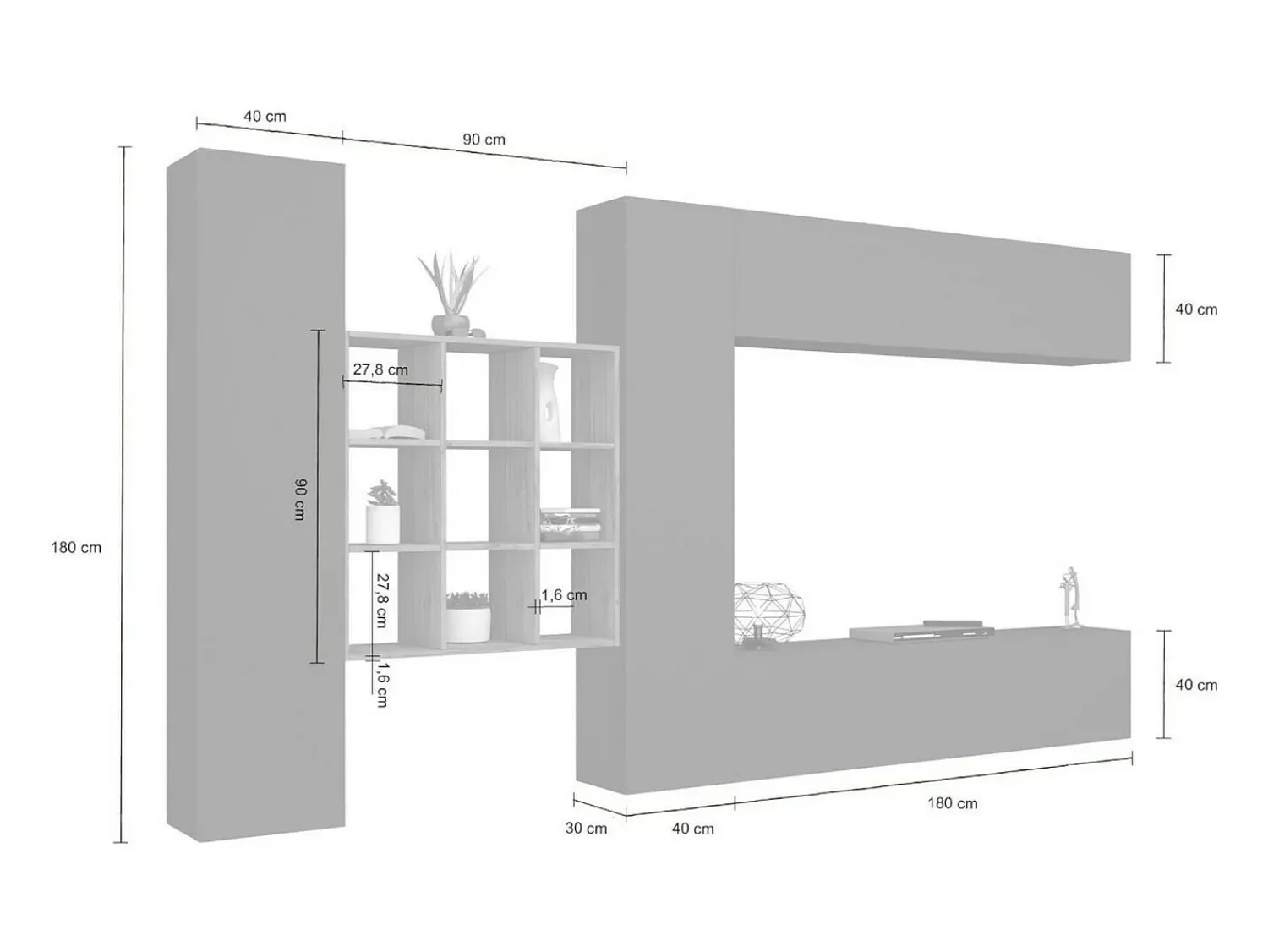 Móvel De Tv*Dmora Sistema de parede Gualtiero, conjunto de sala de TV com 4 portas, móveis de sala multiuso, 100% Fabricado na Itália, 350x30h180 cm, brilhante Branco