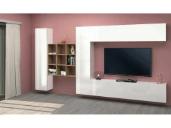 Móvel De Tv*Dmora Sistema de parede Gualtiero, conjunto de sala de TV com 4 portas, móveis de sala multiuso, 100% Fabricado na Itália, 350x30h180 cm, brilhante Branco
