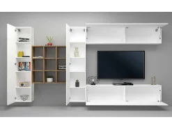 Móvel De Tv*Dmora Sistema de parede Gualtiero, conjunto de sala de TV com 4 portas, móveis de sala multiuso, 100% Fabricado na Itália, 350x30h180 cm, brilhante Branco
