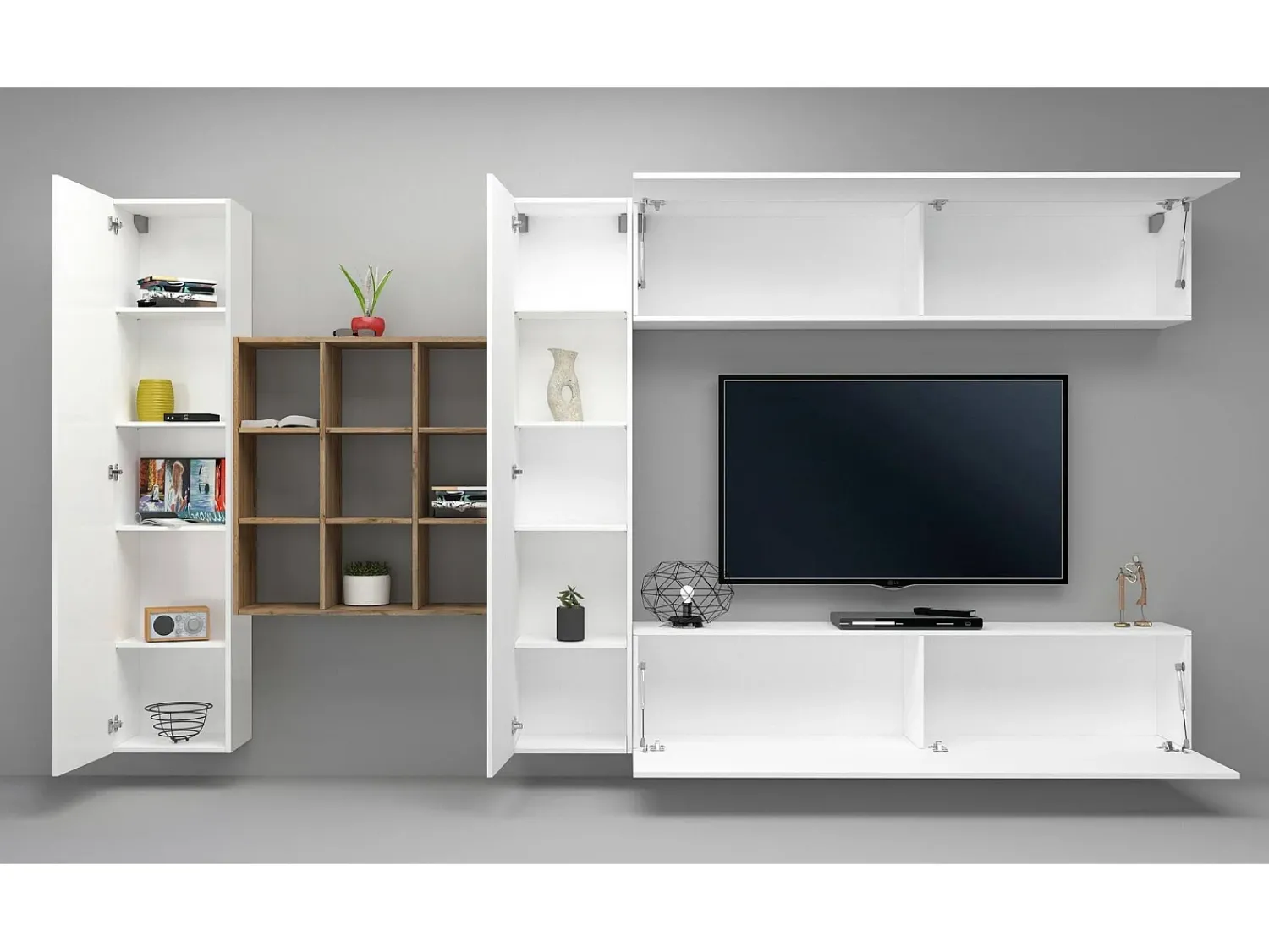 Móvel De Tv*Dmora Sistema de parede Gualtiero, conjunto de sala de TV com 4 portas, móveis de sala multiuso, 100% Fabricado na Itália, 350x30h180 cm, brilhante Branco
