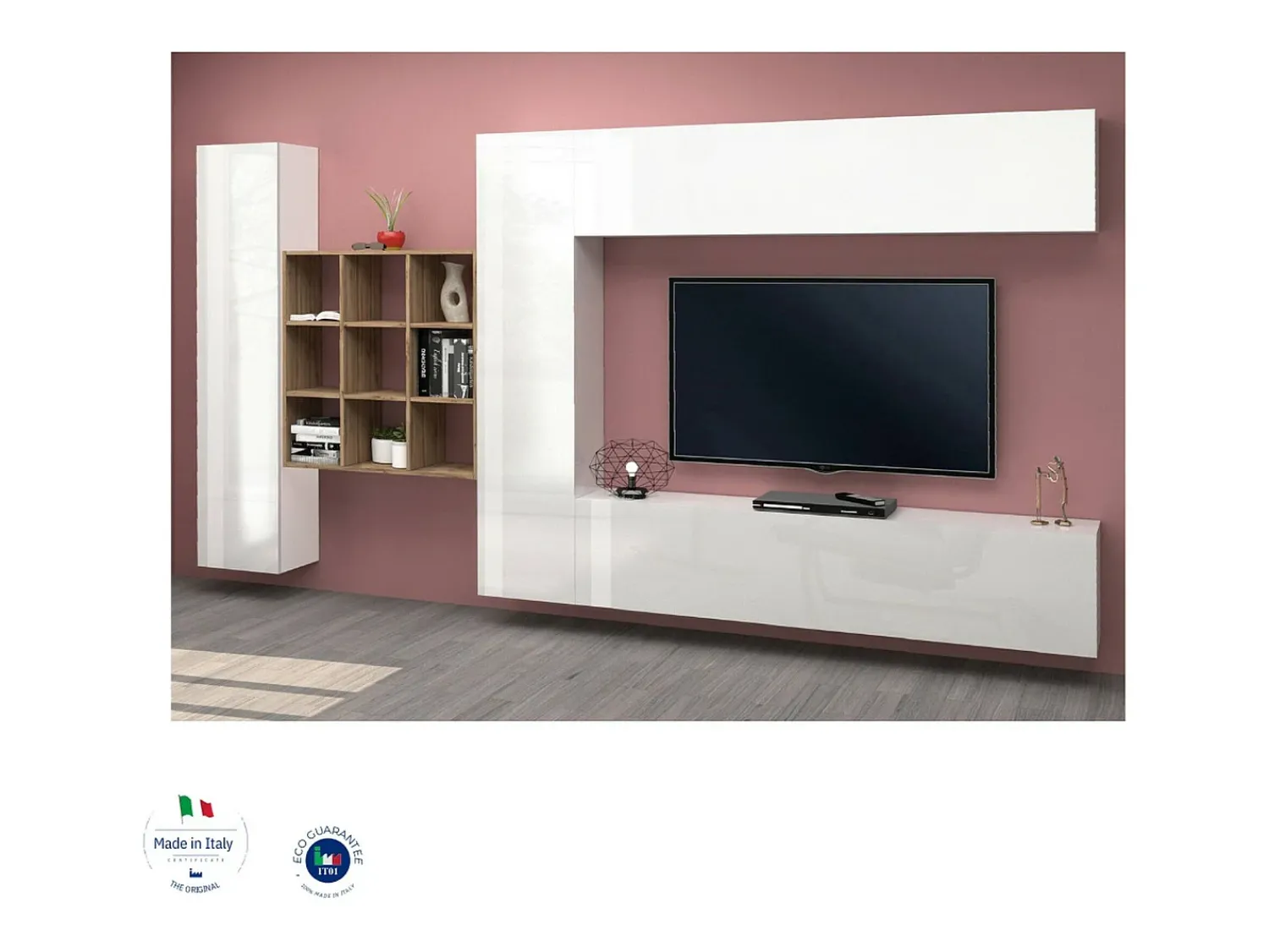 Móvel De Tv*Dmora Sistema de parede Gualtiero, conjunto de sala de TV com 4 portas, móveis de sala multiuso, 100% Fabricado na Itália, 350x30h180 cm, brilhante Branco