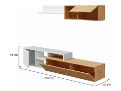 Dmora Sistema de parede Miami, Móvel de sala de TV reversível, Composição de sala com móvel de parede e prateleira, 220x40h44 cm, Carvalho com efeito nó e Branco^ Móvel De Tv