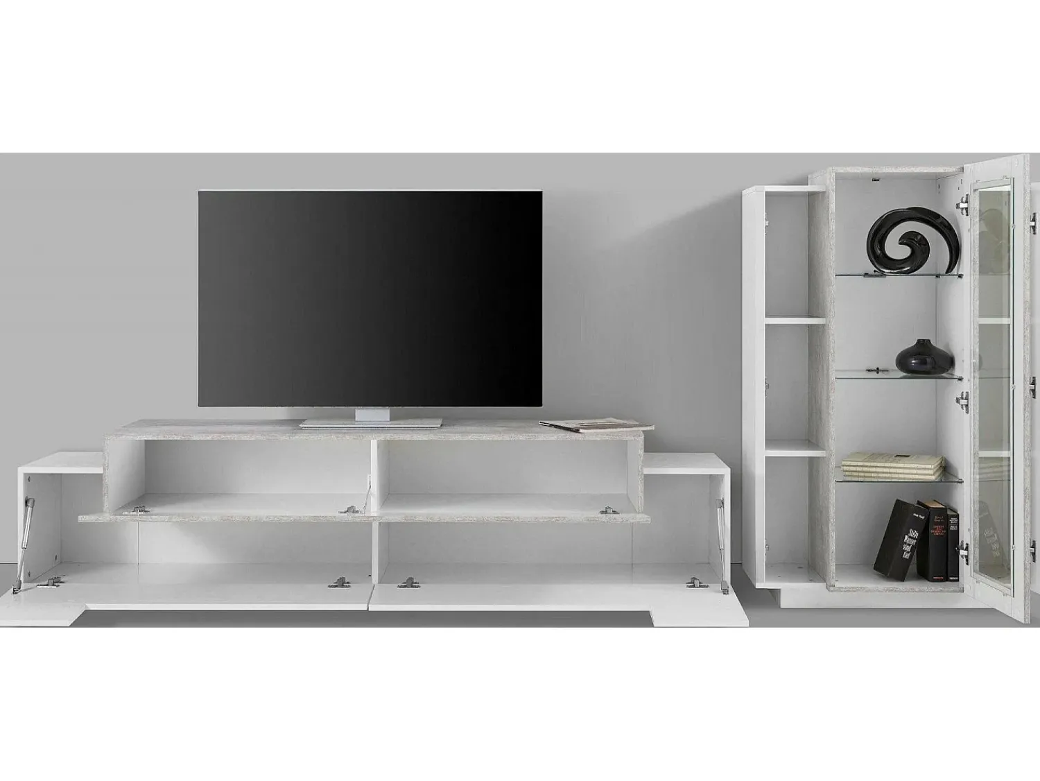 Sale Dmora Sistema de parede Mirko, conjunto de sala de TV, móveis de sala multiuso, 100% fabricado na Itália, 280x45h121 cm, brilhante e concreto Branco
