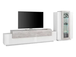 Sale Dmora Sistema de parede Mirko, conjunto de sala de TV, móveis de sala multiuso, 100% fabricado na Itália, 280x45h121 cm, brilhante e concreto Branco