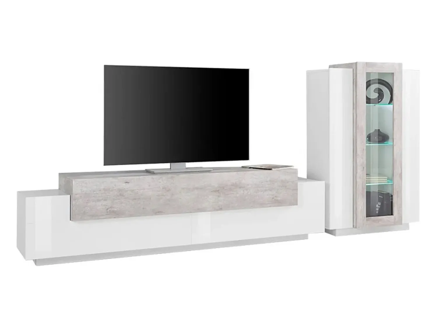 Sale Dmora Sistema de parede Mirko, conjunto de sala de TV, móveis de sala multiuso, 100% fabricado na Itália, 280x45h121 cm, brilhante e concreto Branco