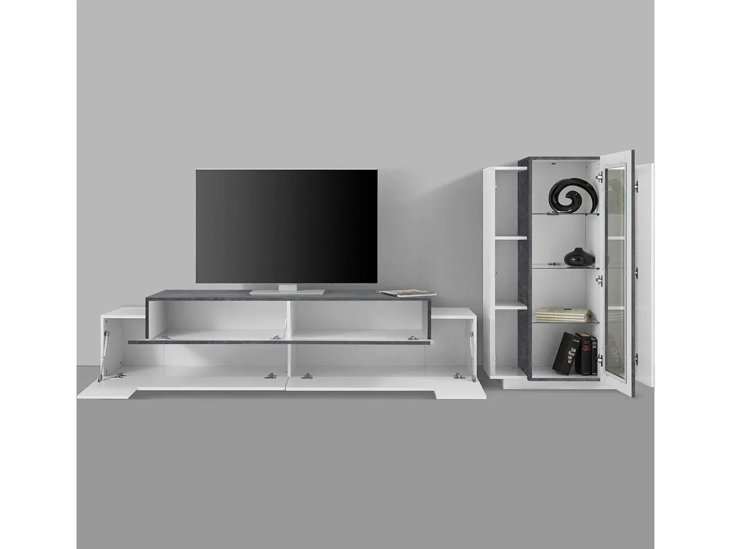 Dmora Sistema de parede Mirko, conjunto de sala de TV, móveis de sala multiuso, 100% fabricado na Itália, 280x45h121 cm, brilhante e ardósia^ Móvel De Tv