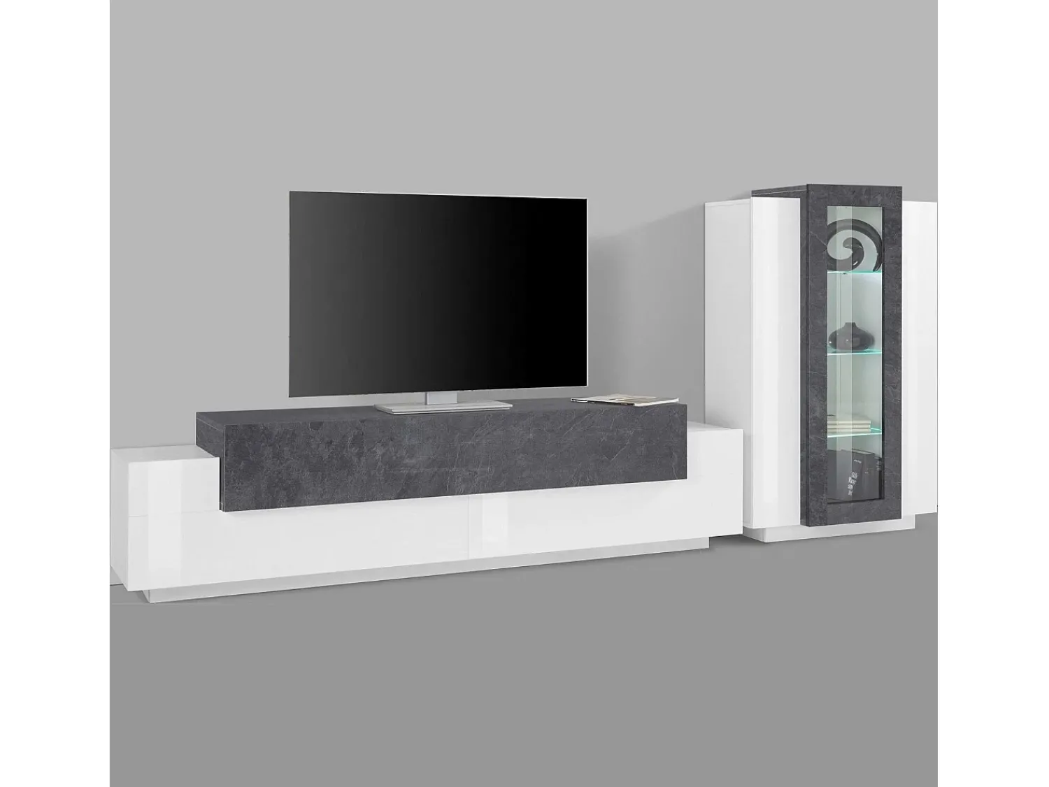 Dmora Sistema de parede Mirko, conjunto de sala de TV, móveis de sala multiuso, 100% fabricado na Itália, 280x45h121 cm, brilhante e ardósia^ Móvel De Tv