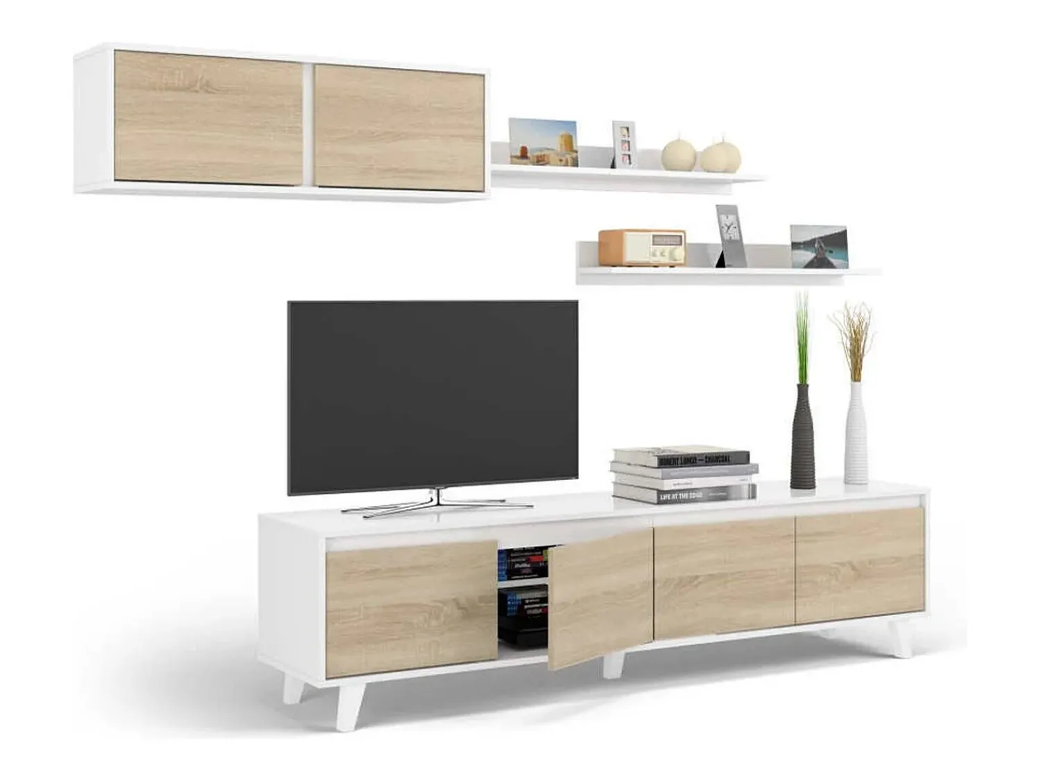 Dmora Sistema de parede Orlando, móvel de sala de TV, Composição de sala com móvel de parede e prateleira, 200x50h41 cm, e Carvalho^ Móvel De Tv