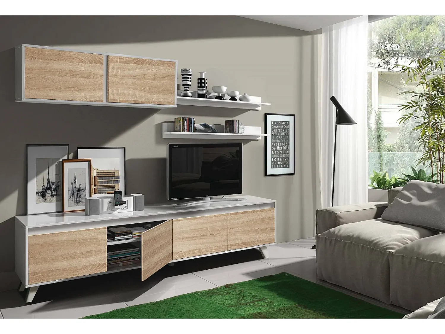 Dmora Sistema de parede Orlando, móvel de sala de TV, Composição de sala com móvel de parede e prateleira, 200x50h41 cm, e Carvalho^ Móvel De Tv